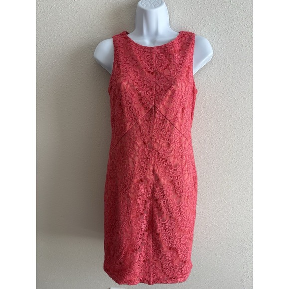 Vince Camuto Dresses & Skirts - Vince Camuto Coral Lace Overlay Sheath Dress Cocktail Party Wedding Size 4